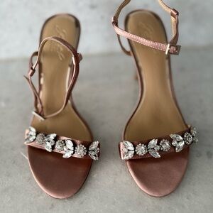 Jewel Badgley Mischka Embellished Rose Gold Satin Ankle-Strap Sandals